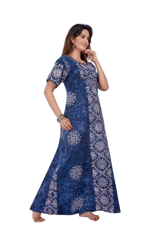 Blue Flowers, Hand Dyed Batik, 100% Cotton Night Gown - NG036