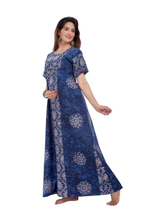 Blue Flowers, Hand Dyed Batik, 100% Cotton Night Gown - NG036