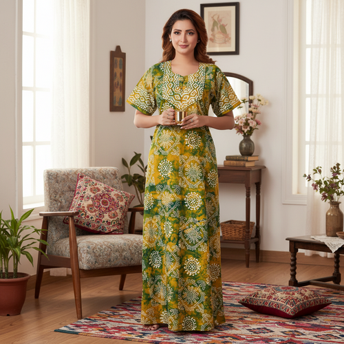 Green & Yellow Block Design, Hand Dyed Batik, 100% Cotton Night Gown - NG064