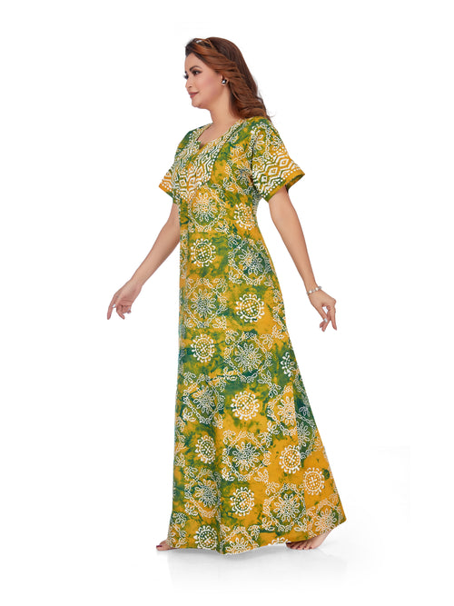 Green & Yellow Block Design, Hand Dyed Batik, 100% Cotton Night Gown - NG064