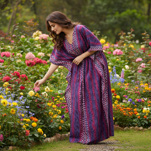 Purple Oval Design, Hand Dyed Batik, 100% Cotton Kaftan - K153