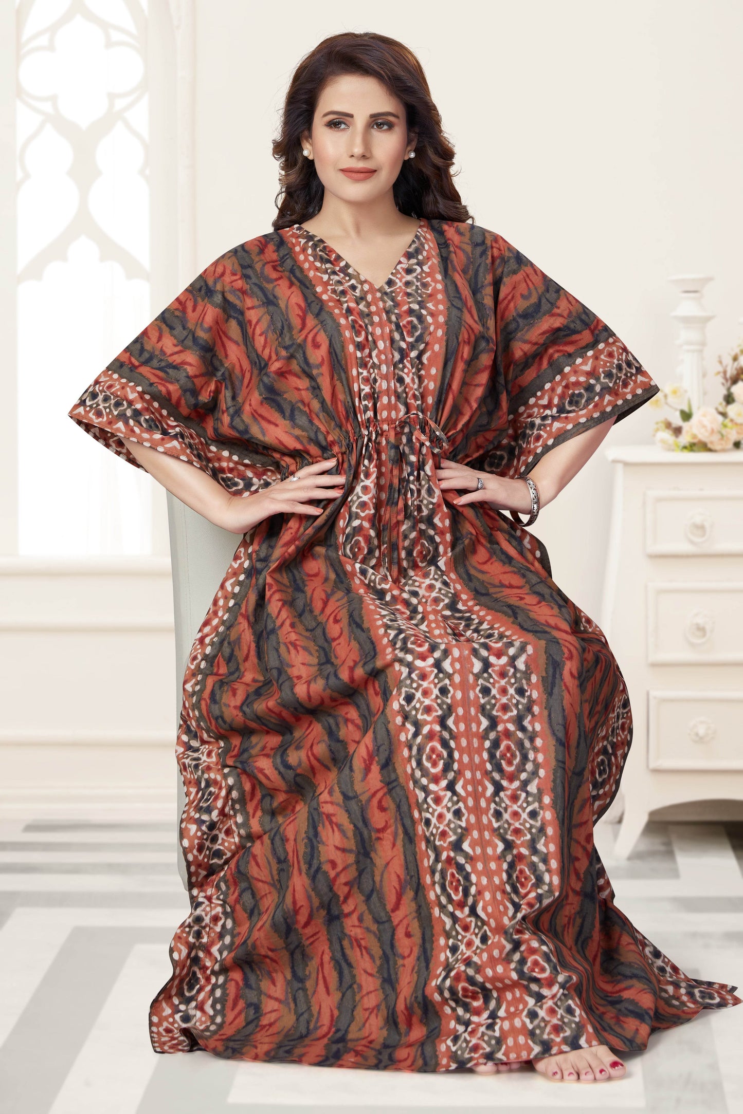 K151 - Brown Oval Design, Hand Dyed Batik, 100% Cotton Kaftan - thekaftanshop.com