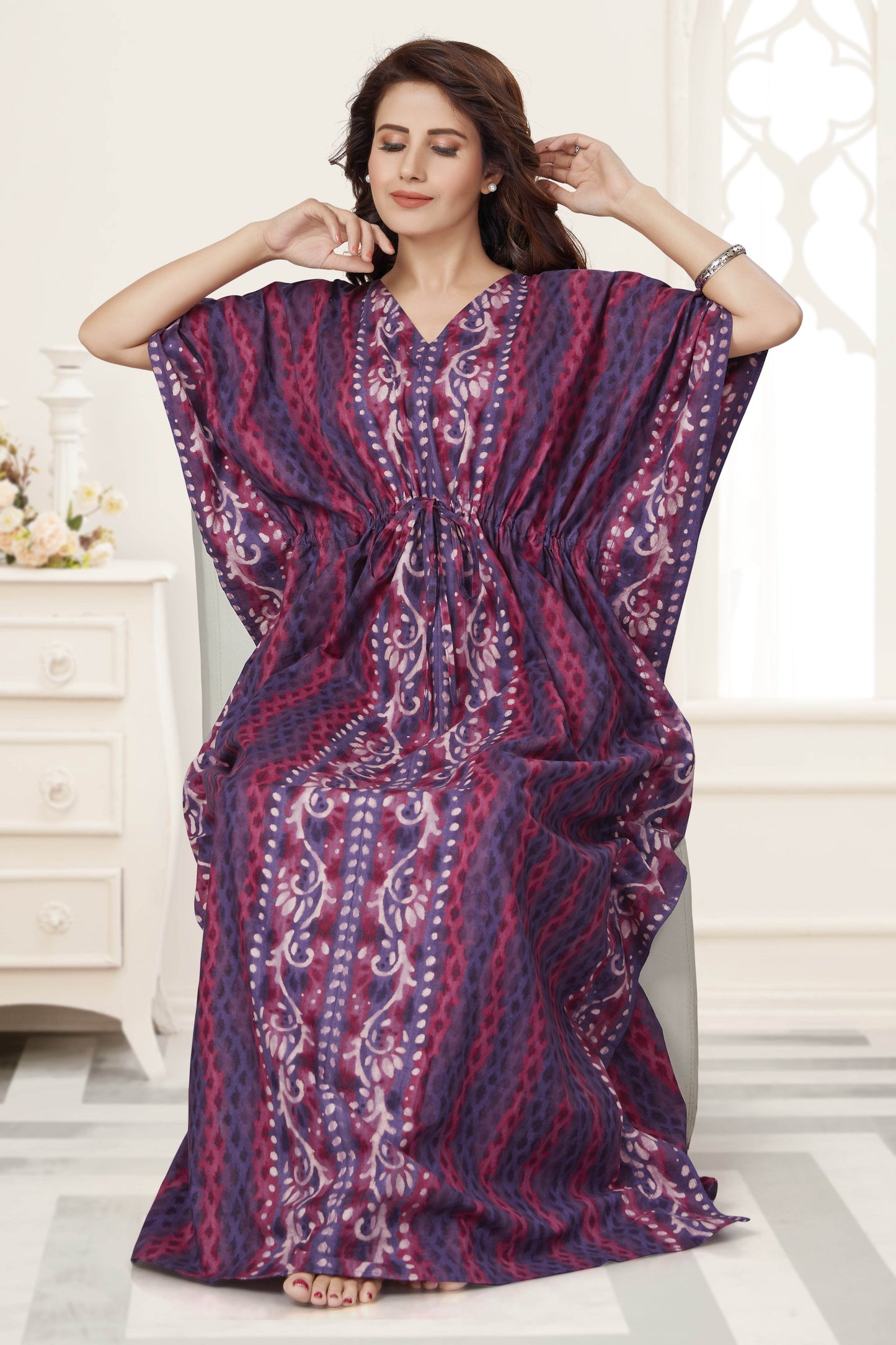 NG143 - Purple Leaf Design, Hand Dyed Batik, 100% Cotton Night Gown - thekaftanshop.com