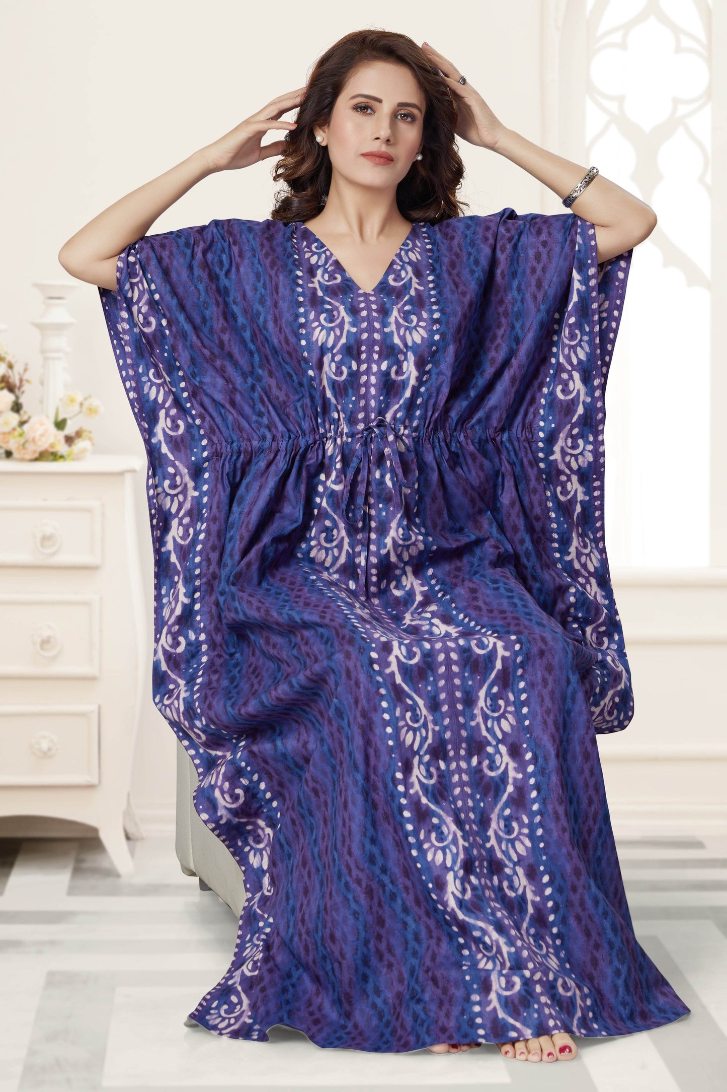 K142 - Blue Leaf Design, Hand Dyed Batik, 100% Cotton Kaftan - thekaftanshop.com