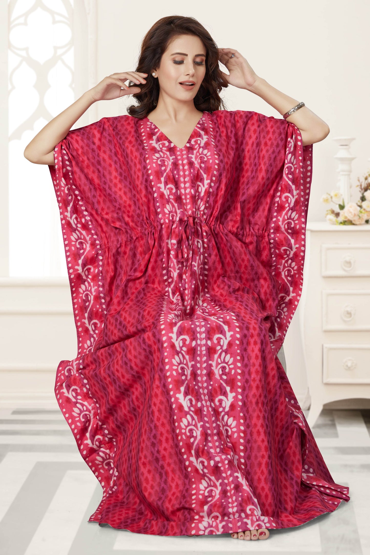 K140 - Pink Leaf Design, Hand Dyed Batik, 100% Cotton Kaftan - thekaftanshop.com