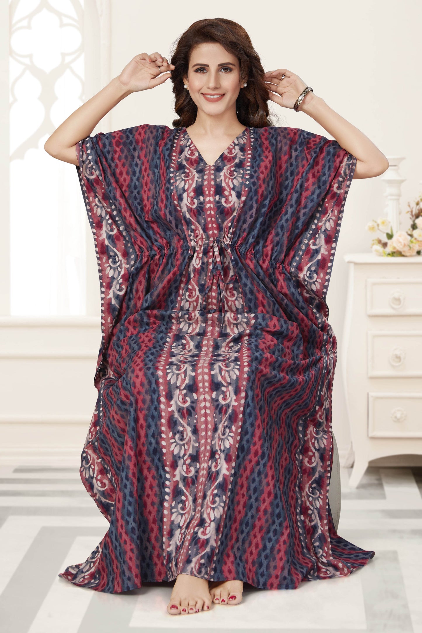 K141 - Brown Leaf Design, Hand Dyed Batik, 100% Cotton Kaftan - thekaftanshop.com