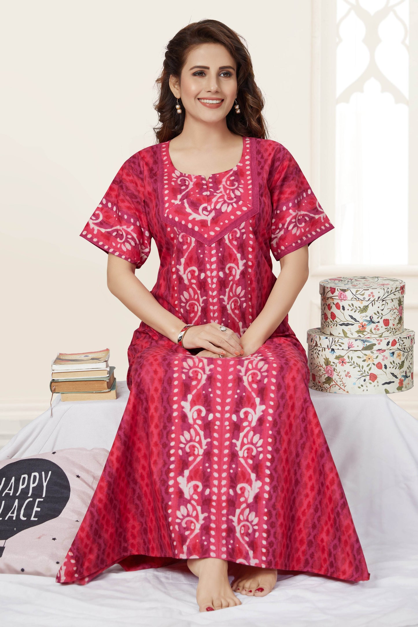 NG140 - Pink Leaf Design, Hand Dyed Batik, 100% Cotton Night Gown - thekaftanshop.com