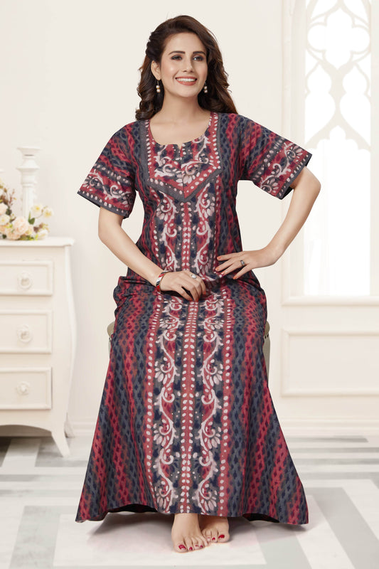 NG141 - Brown Leaf Design, Hand Dyed Batik, 100% Cotton Night Gown - thekaftanshop.com