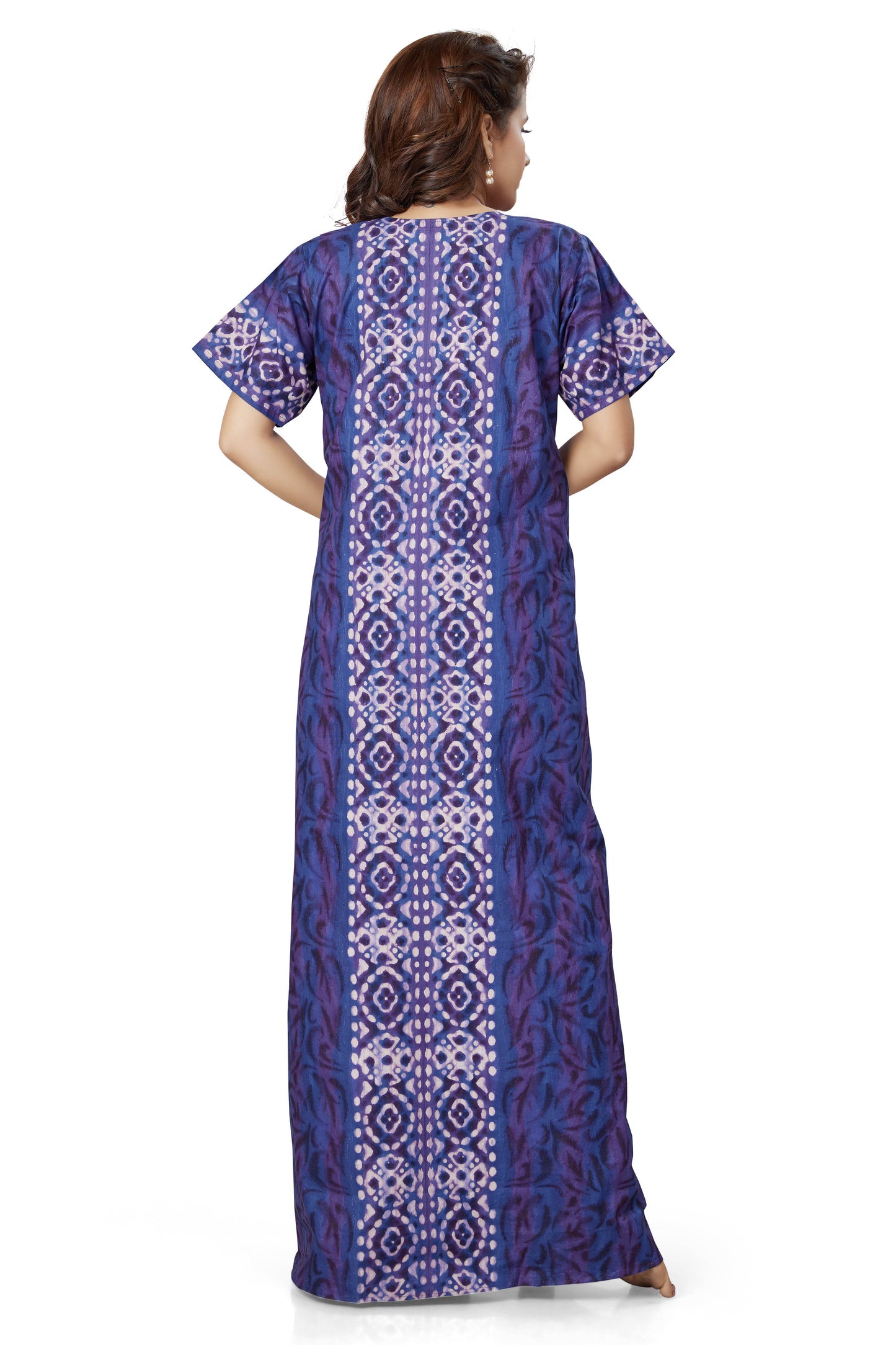 NG152 - Blue Oval Design, Hand Dyed Batik, 100% Cotton Night Gown - thekaftanshop.com