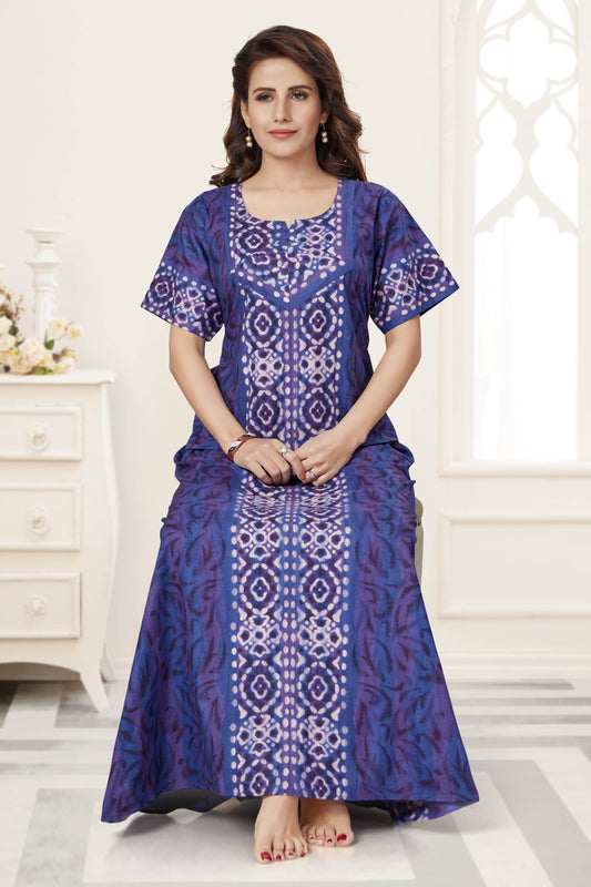 NG152 - Blue Oval Design, Hand Dyed Batik, 100% Cotton Night Gown - thekaftanshop.com