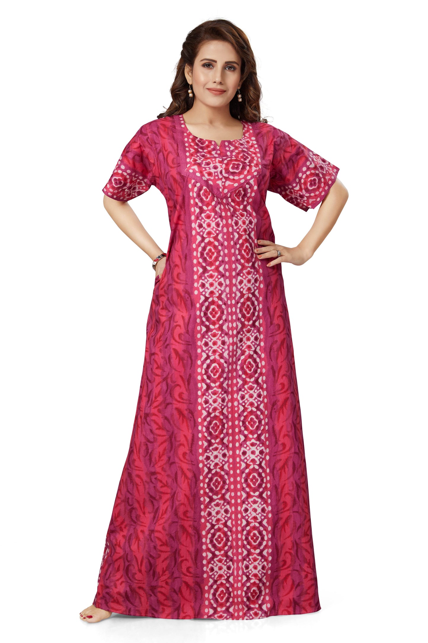 NG150 - Pink Oval Design, Hand Dyed Batik, 100% Cotton Night Gown - thekaftanshop.com