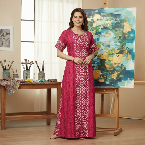 Pink Oval Design, Hand Dyed Batik, 100% Cotton Night Gown - NG150