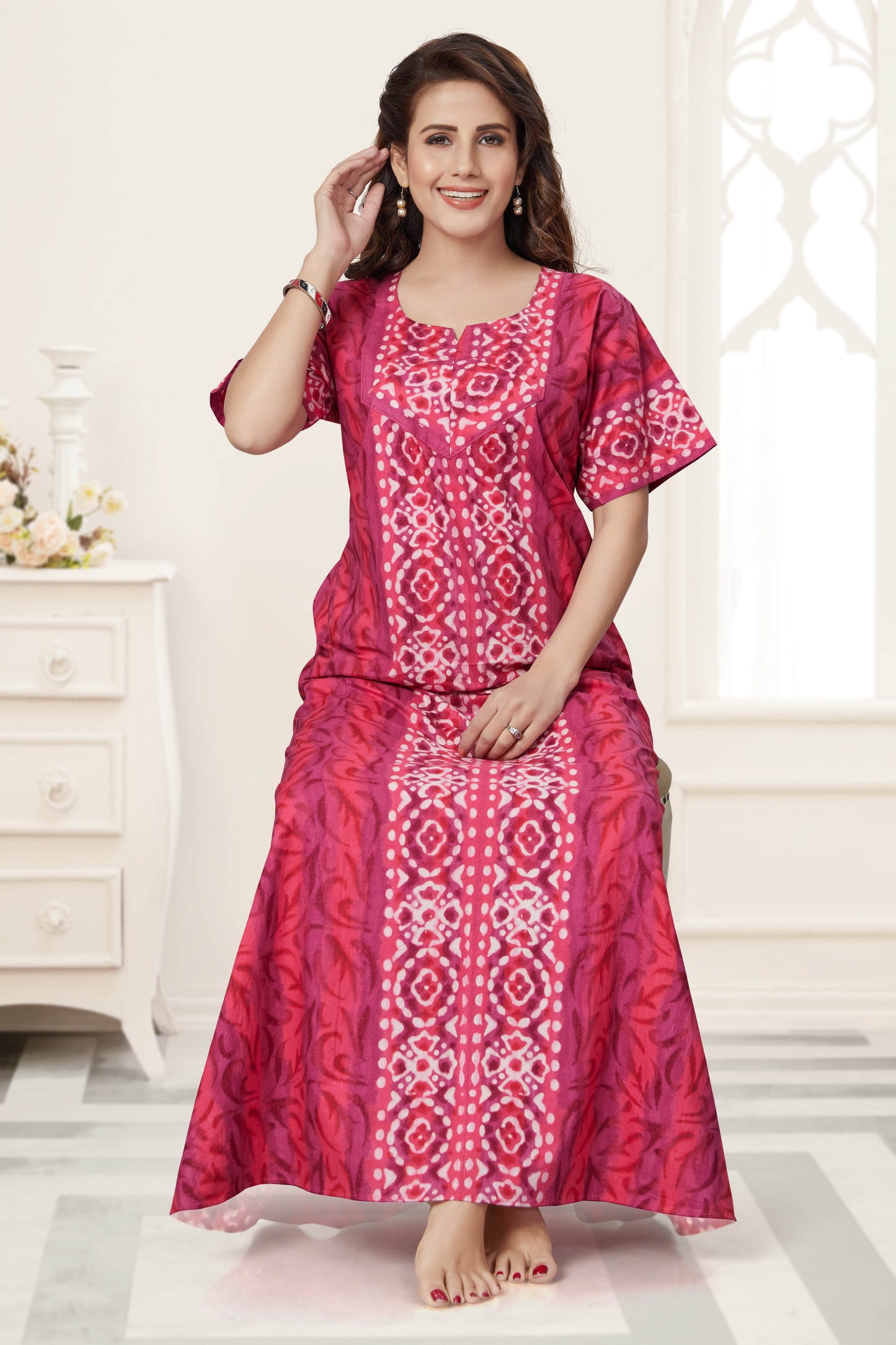 NG150 - Pink Oval Design, Hand Dyed Batik, 100% Cotton Night Gown - thekaftanshop.com