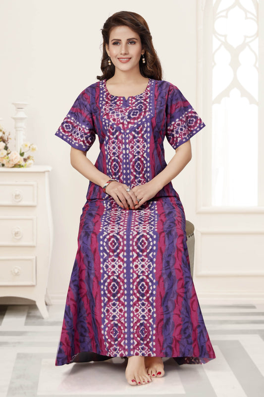 NG153 - Purple Oval Design, Hand Dyed Batik, 100% Cotton Night Gown - thekaftanshop.com