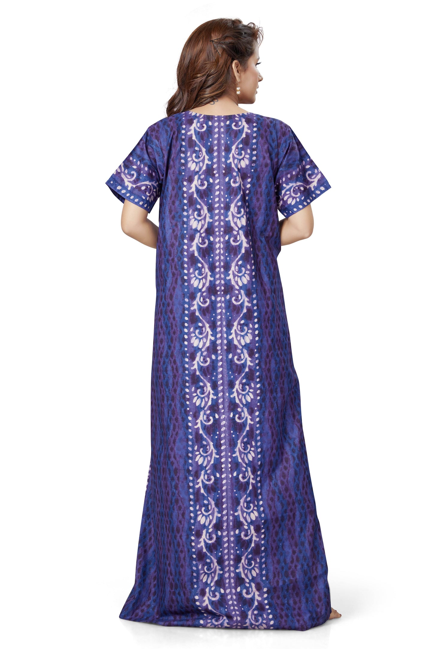 NG142 - Blue Leaf Design, Hand Dyed Batik, 100% Cotton Night Gown - thekaftanshop.com