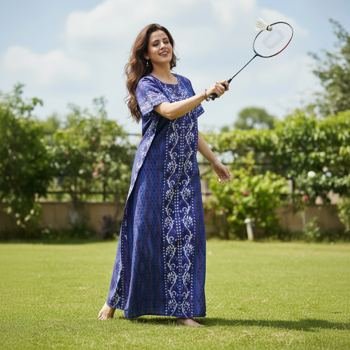 Blue Leaf Design, Hand Dyed Batik, 100% Cotton Night Gown - NG142