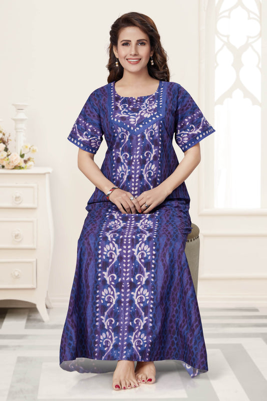 NG142 - Blue Leaf Design, Hand Dyed Batik, 100% Cotton Night Gown - thekaftanshop.com