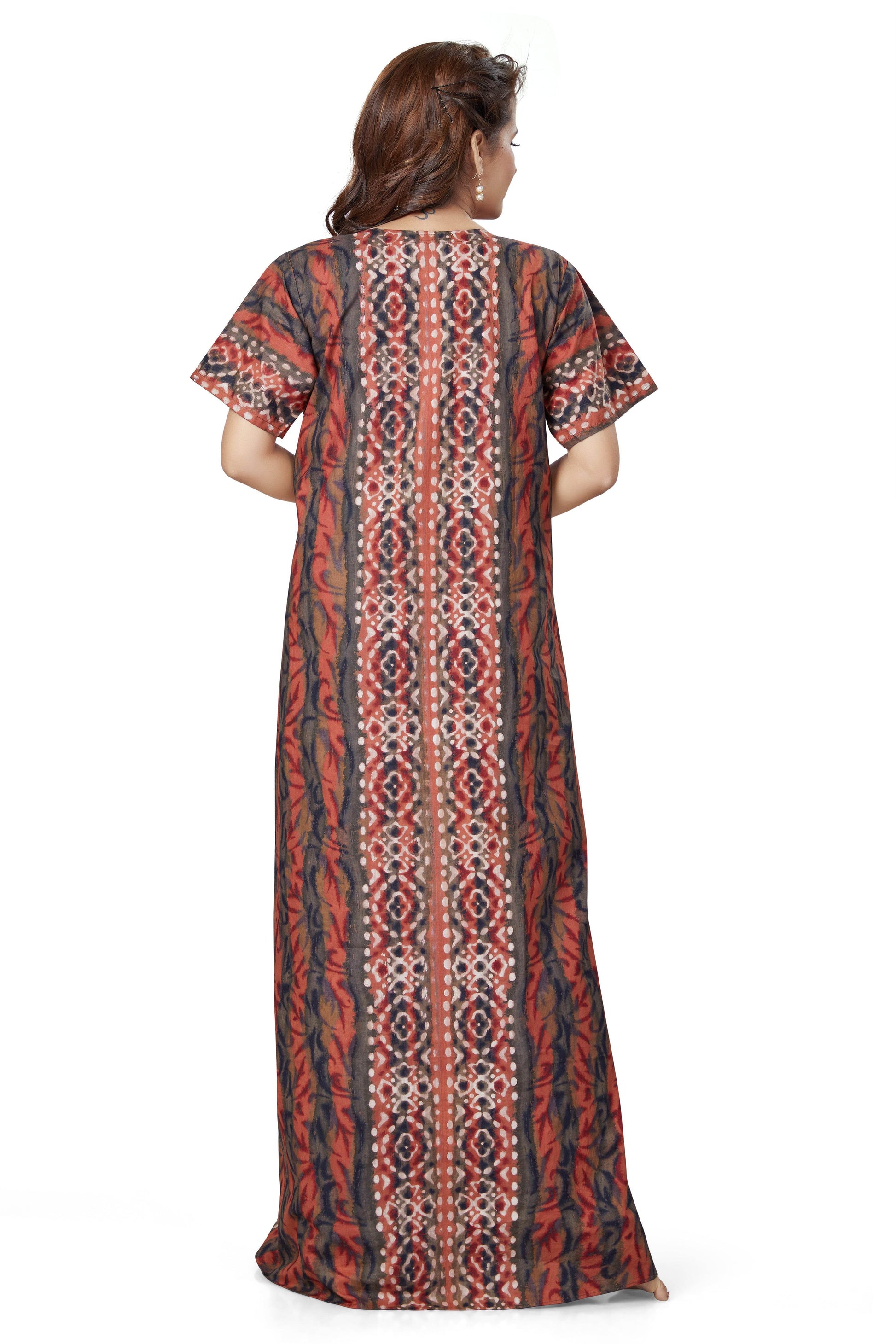 NG151 - Brown Oval Design, Hand Dyed Batik, 100% Cotton Night Gown - thekaftanshop.com