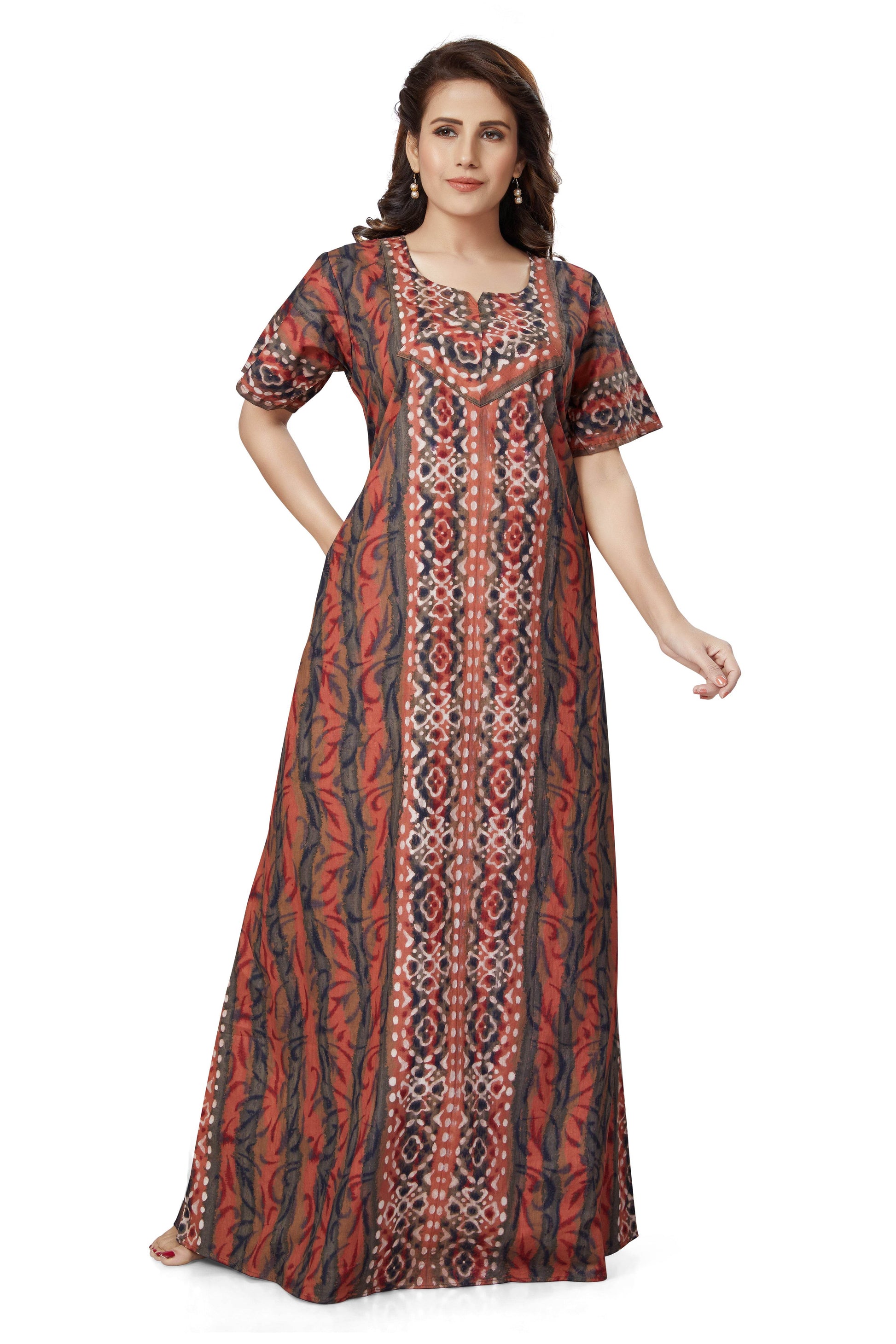 NG151 - Brown Oval Design, Hand Dyed Batik, 100% Cotton Night Gown - thekaftanshop.com