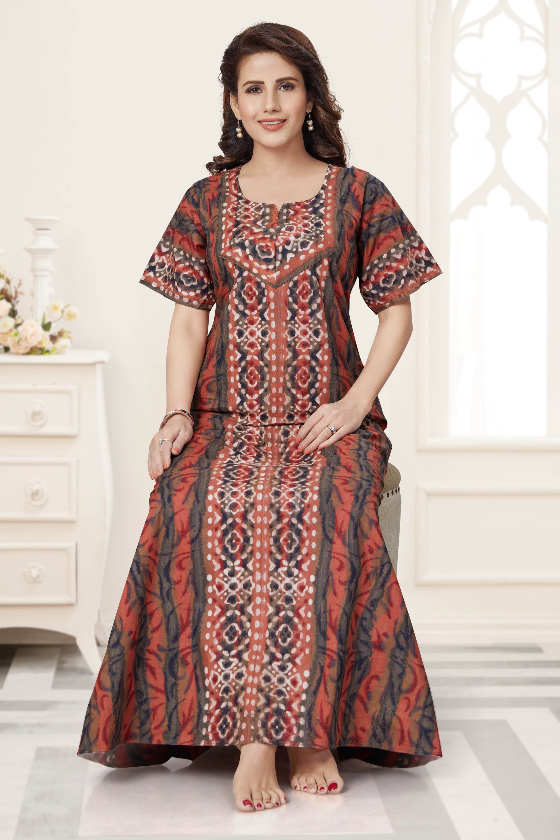 NG151 - Brown Oval Design, Hand Dyed Batik, 100% Cotton Night Gown - thekaftanshop.com