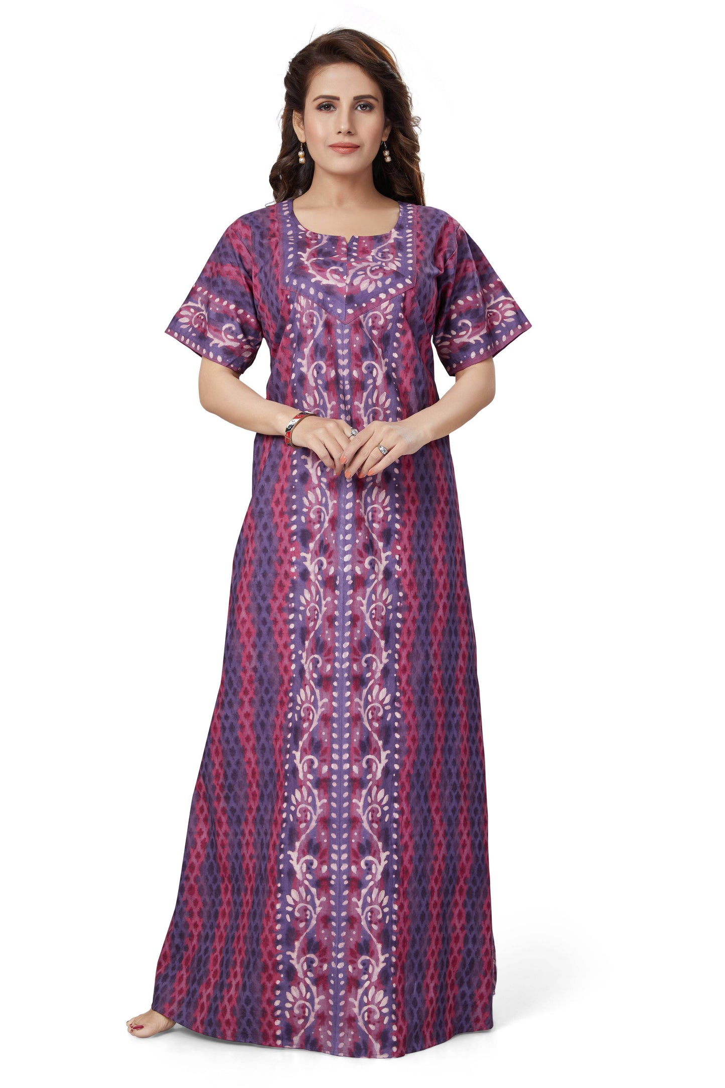 NG143 - Purple Leaf Design, Hand Dyed Batik, 100% Cotton Night Gown - thekaftanshop.com