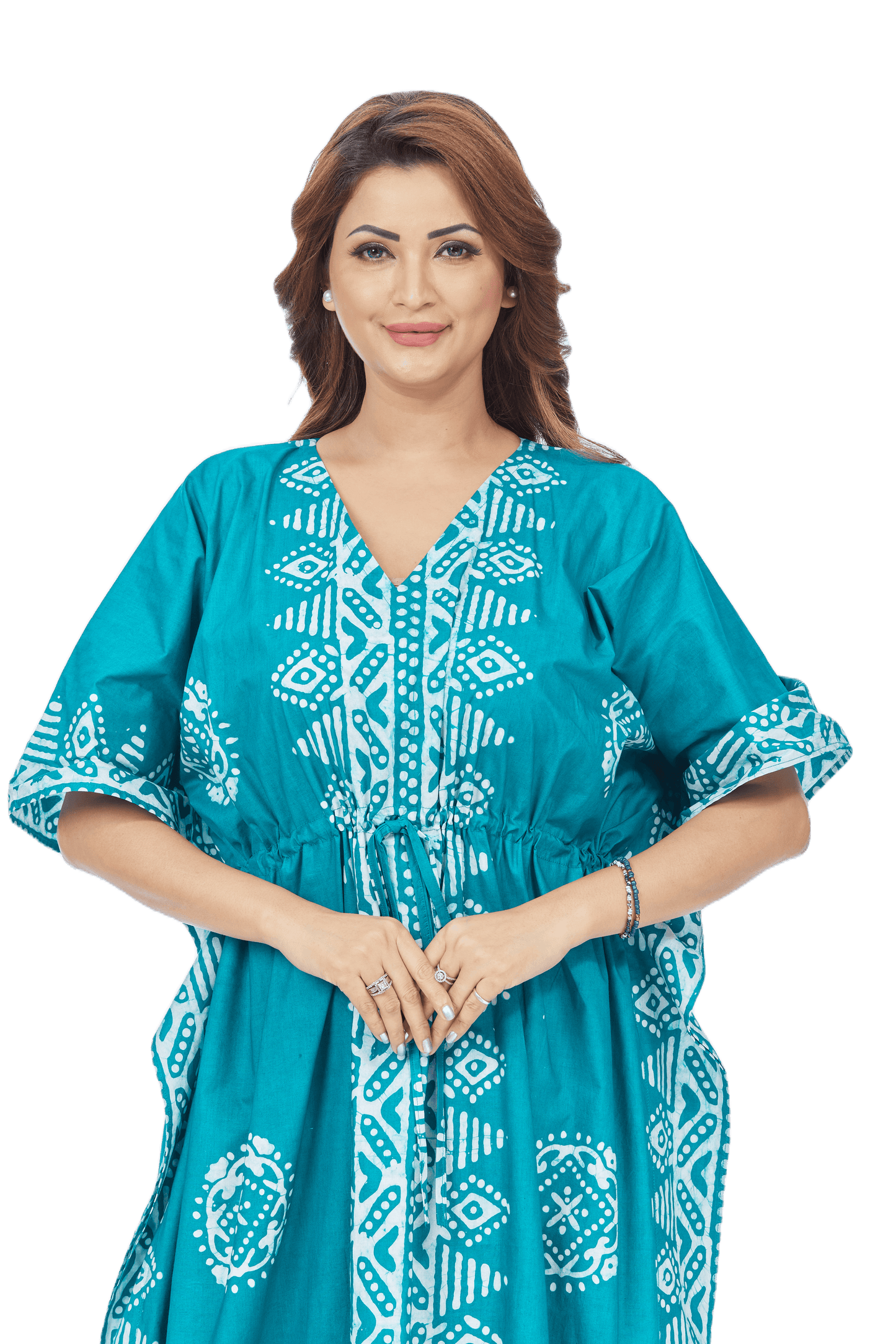 K124 - Green Triangle Border Design, Hand Dyed Batik, 100% Cotton Kaftan - thekaftanshop.com