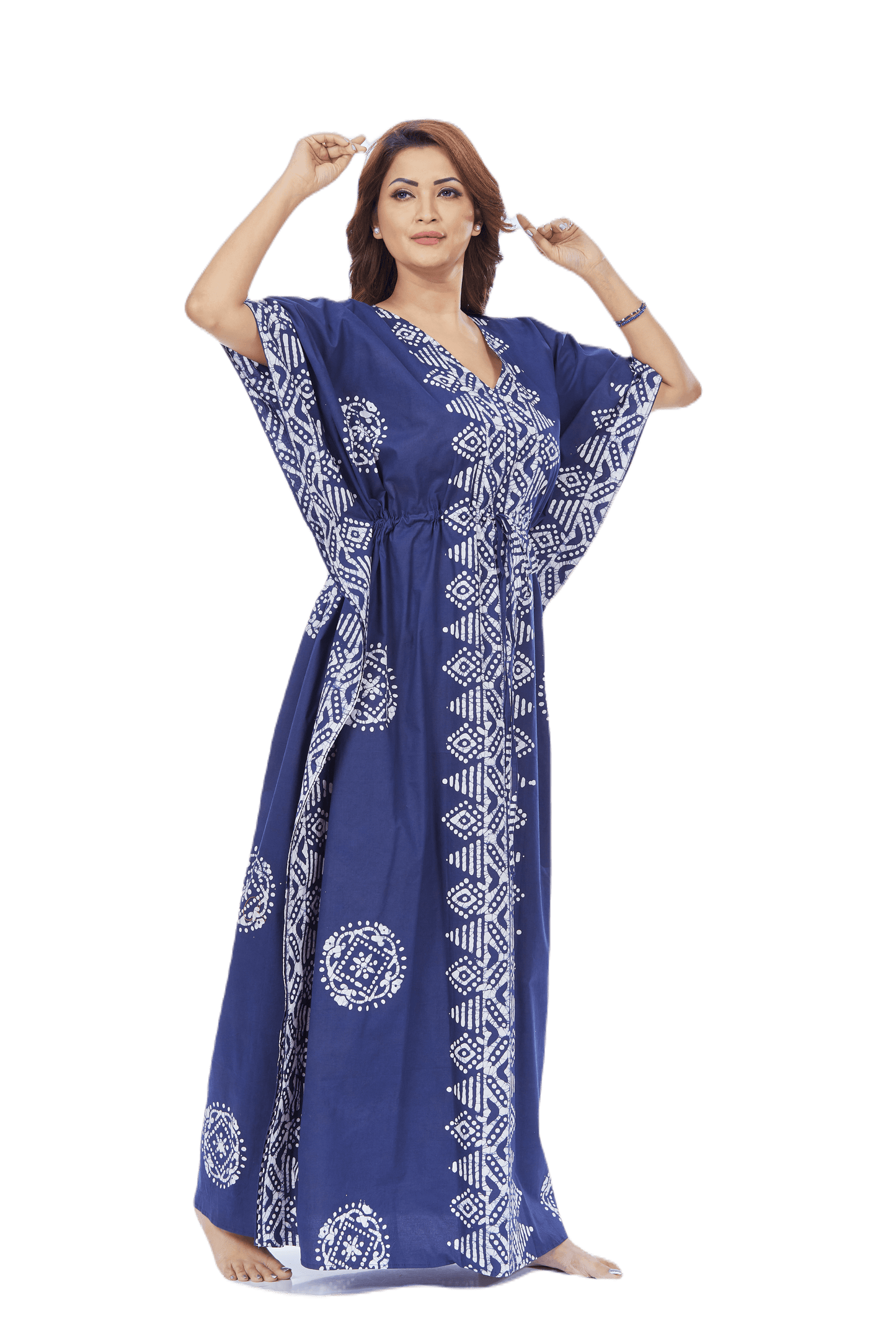 K120 - Blue Triangle Border Design, Hand Dyed Batik, 100% Cotton Kaftan - thekaftanshop.com