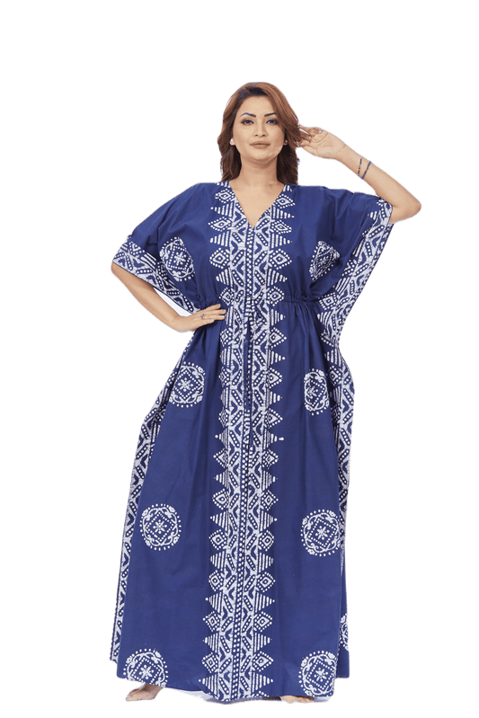 K120 - Blue Triangle Border Design, Hand Dyed Batik, 100% Cotton Kaftan - thekaftanshop.com