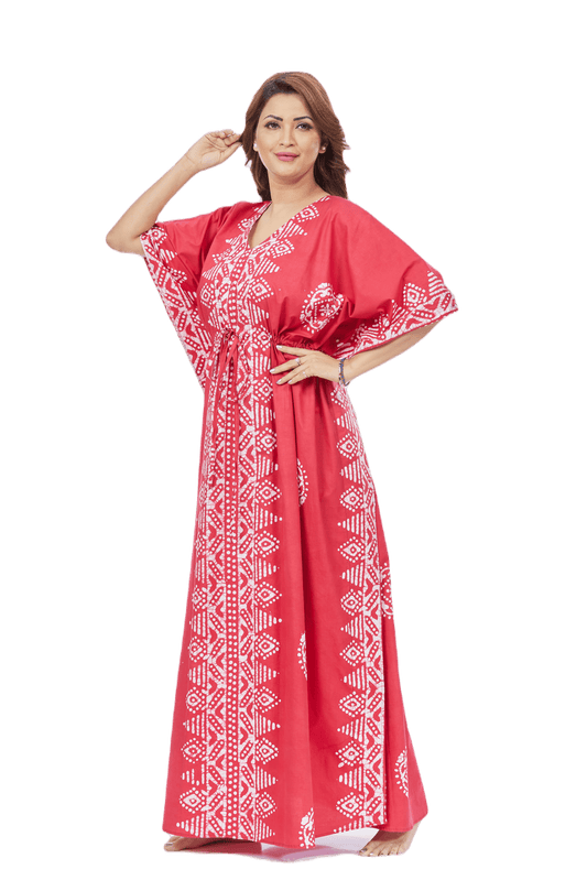 K122 - Red Triangle Border Design, Hand Dyed Batik, 100% Cotton Kaftan - thekaftanshop.com