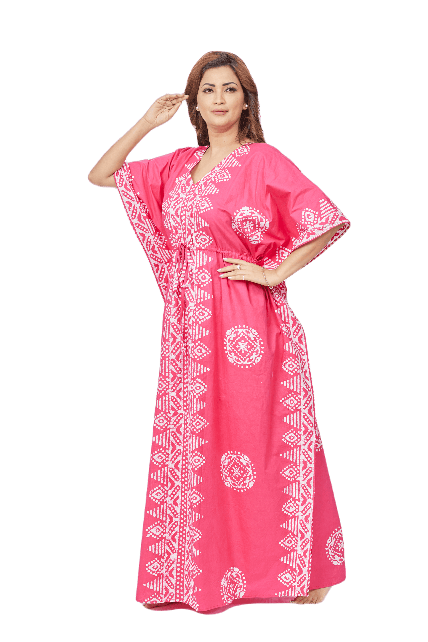 K123 - Pink Triangle Border Design, Hand Dyed Batik, 100% Cotton Kaftan - thekaftanshop.com