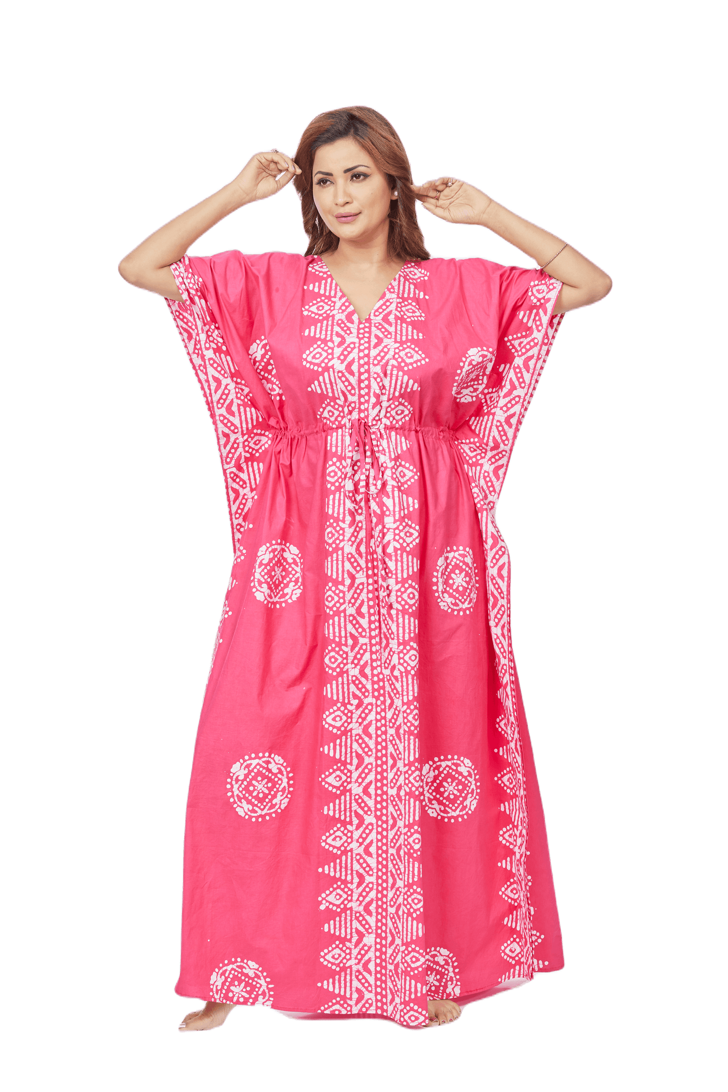 K123 - Pink Triangle Border Design, Hand Dyed Batik, 100% Cotton Kaftan - thekaftanshop.com