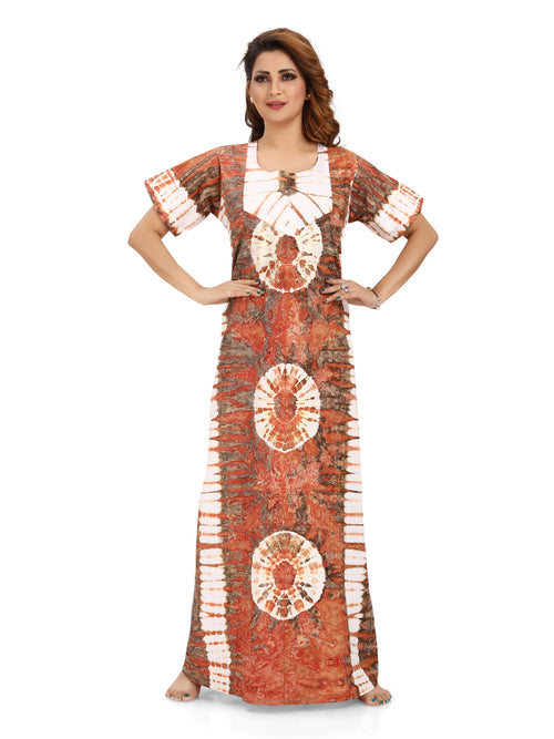 Brown Round Tie-Dye, Hand Dyed Batik, 100% Cotton Night Gown - NG092