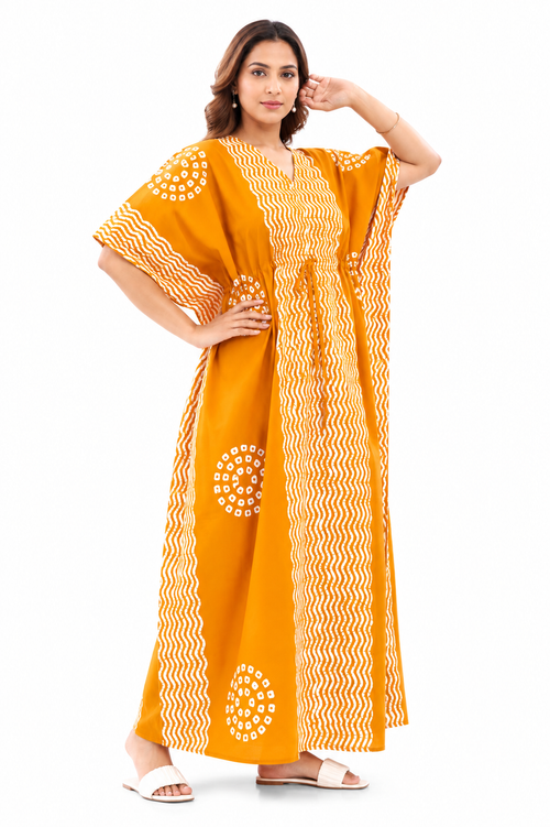 Yellow Waves Design Batik, Hand Dyed Batik, 100% Cotton Kaftan - K195
