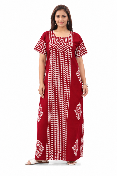 Red Diamond Arrow Batik, Hand Dyed Batik, 100% Cotton Night Gown - NG200