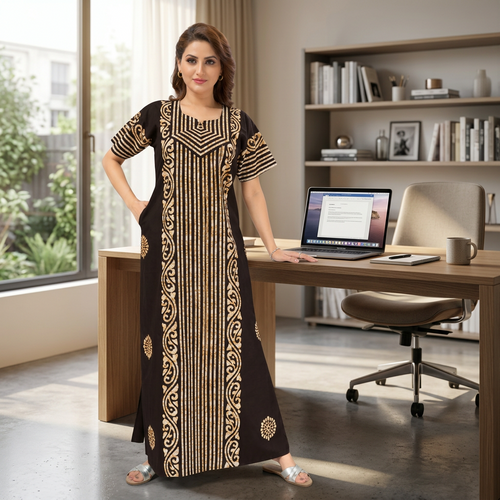 Brown Lines Design Batik, Hand Dyed Batik, 100% Cotton Night Gown - NG223