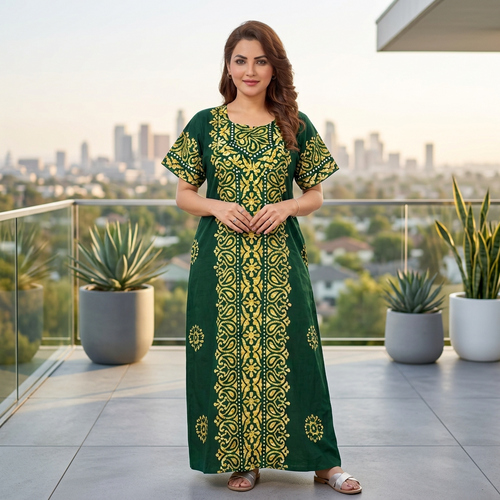 Green Paisley Design Batik, Hand Dyed Batik, 100% Cotton Night Gown - NG217