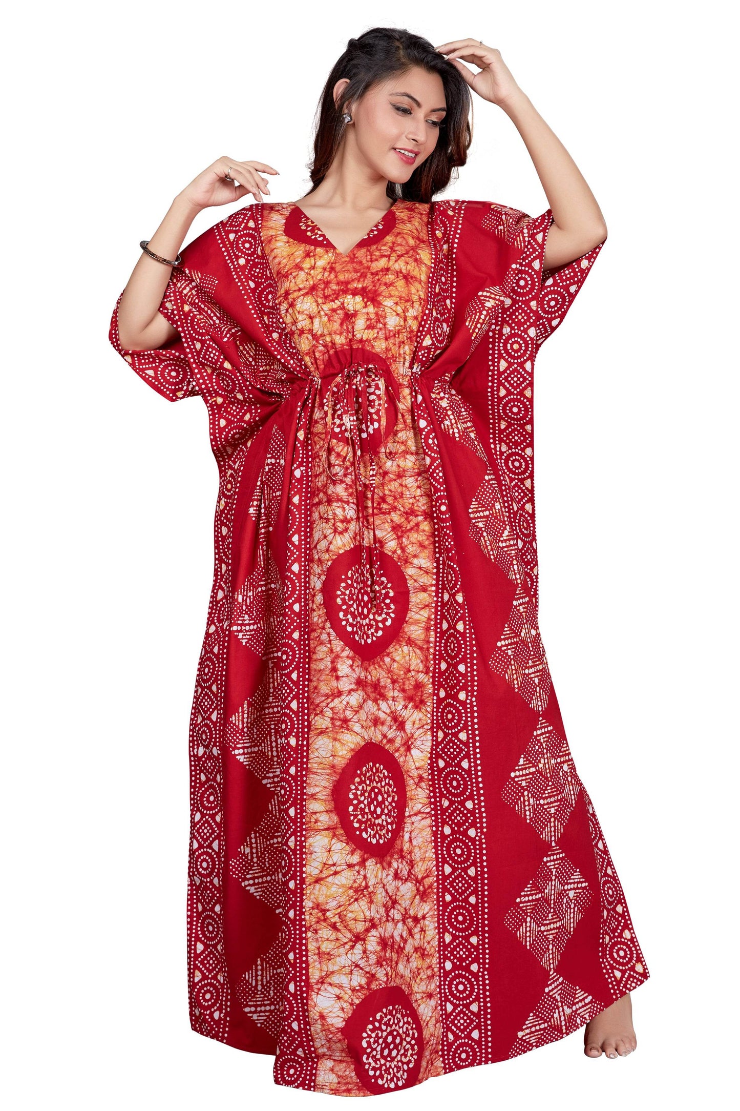 K025 - Red White Circles, Hand Dyed Batik, 100% Cotton Kaftan - thekaftanshop.com