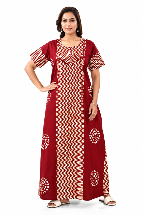 Red Waves Design Batik, Hand Dyed Batik, 100% Cotton Night Gown - NG190