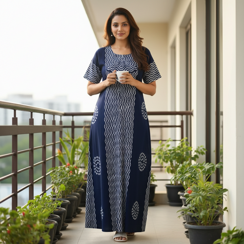 Navy Blue Waves Design Batik, Hand Dyed Batik, 100% Cotton Night Gown - NG191