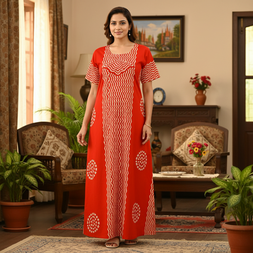 Orange Waves Design Batik, Hand Dyed Batik, 100% Cotton Night Gown - NG198