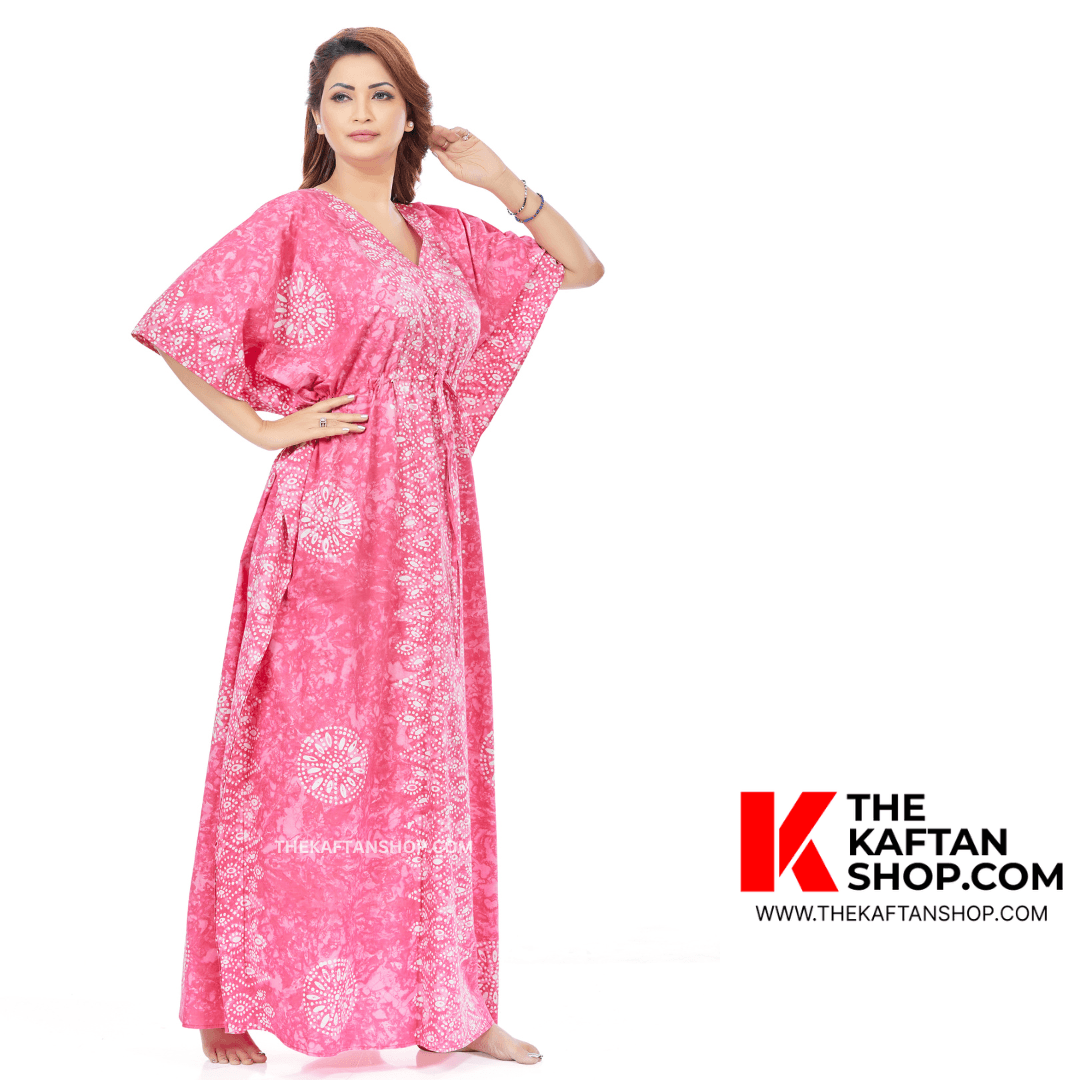 K111 - Pink Bandhani, Hand Dyed Batik, 100% Cotton Kaftan. - thekaftanshop.com