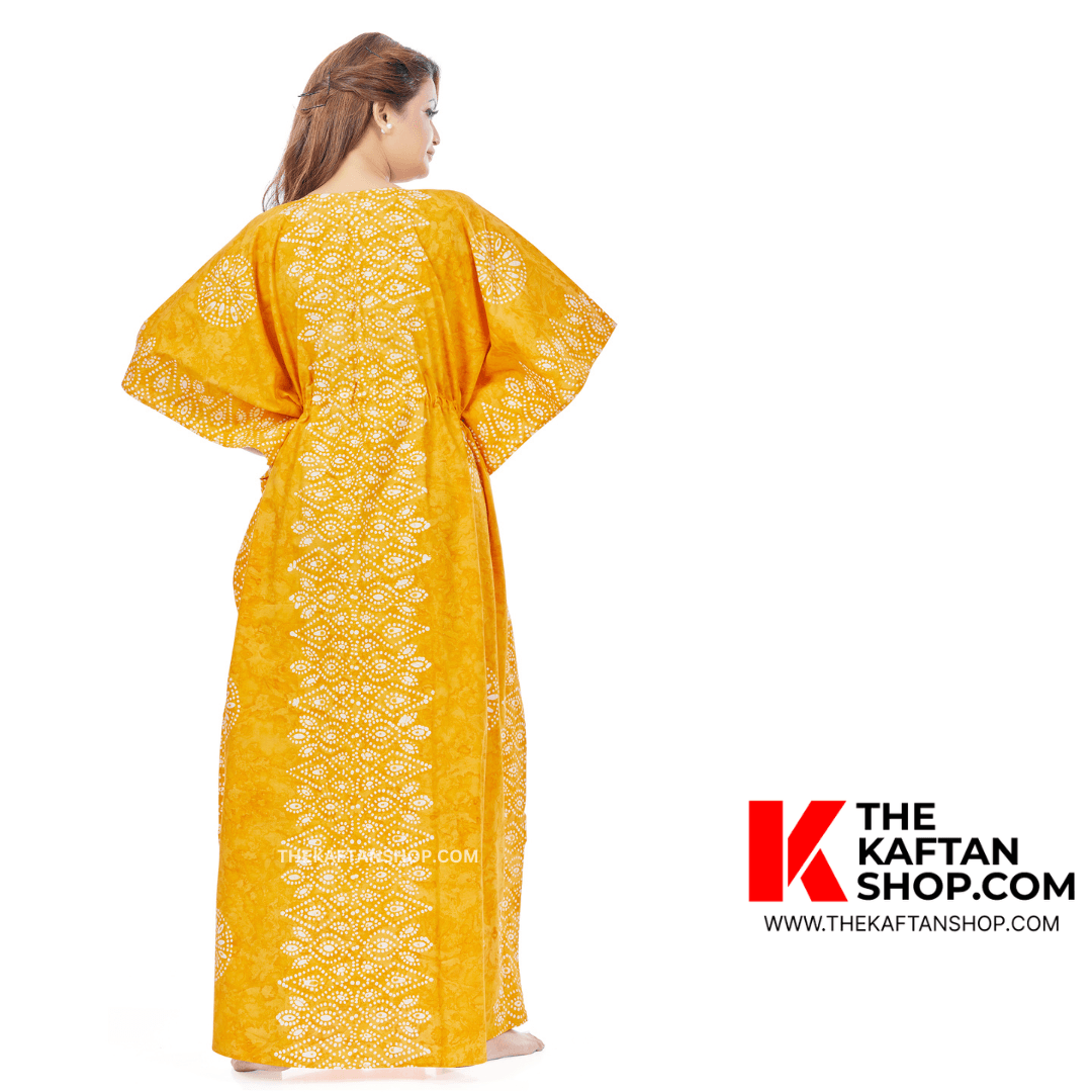 K112 - Yellow Bandhani, Hand Dyed Batik, 100% Cotton Kaftan. - thekaftanshop.com
