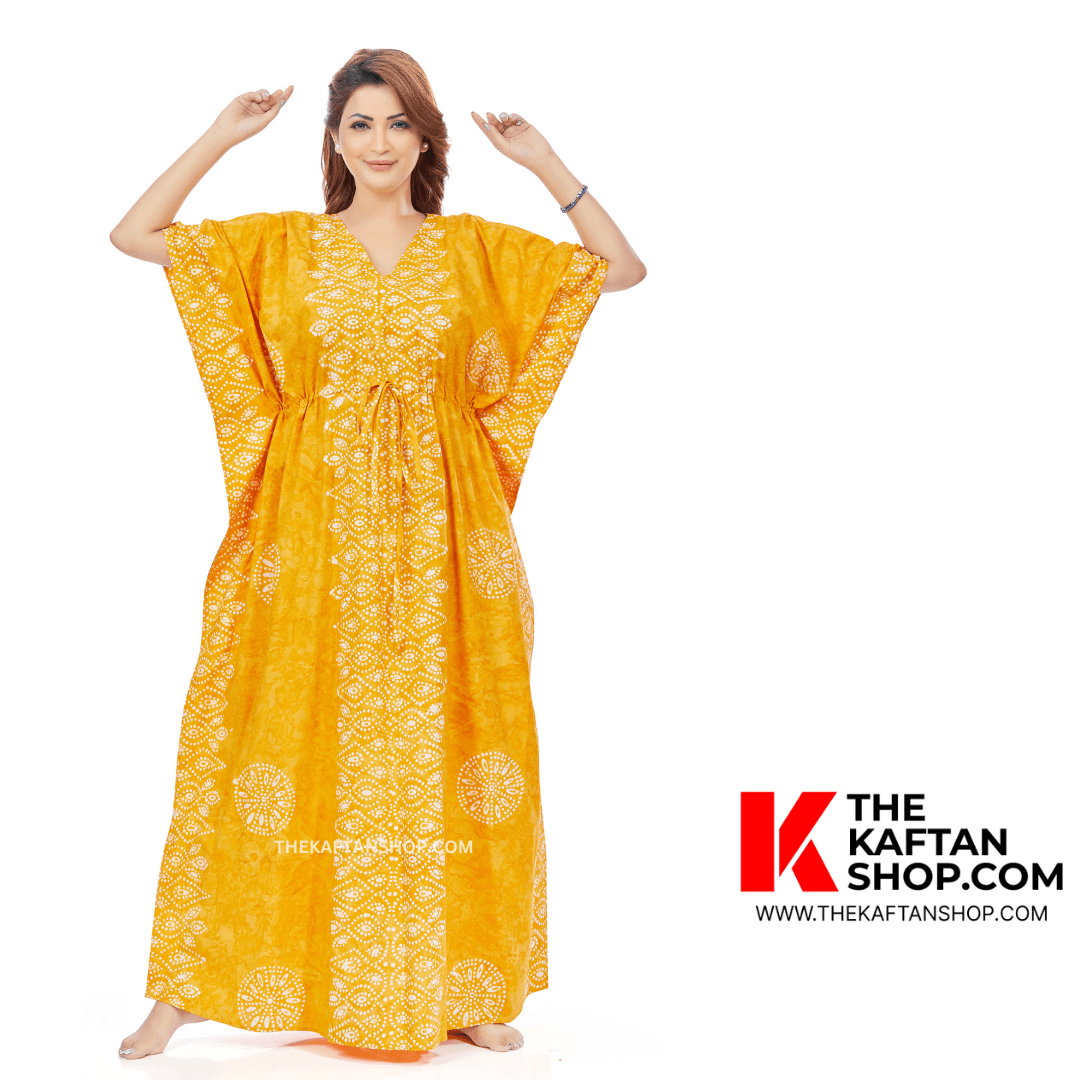 K112 - Yellow Bandhani, Hand Dyed Batik, 100% Cotton Kaftan. - thekaftanshop.com
