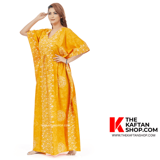 K112 - Yellow Bandhani, Hand Dyed Batik, 100% Cotton Kaftan. - thekaftanshop.com