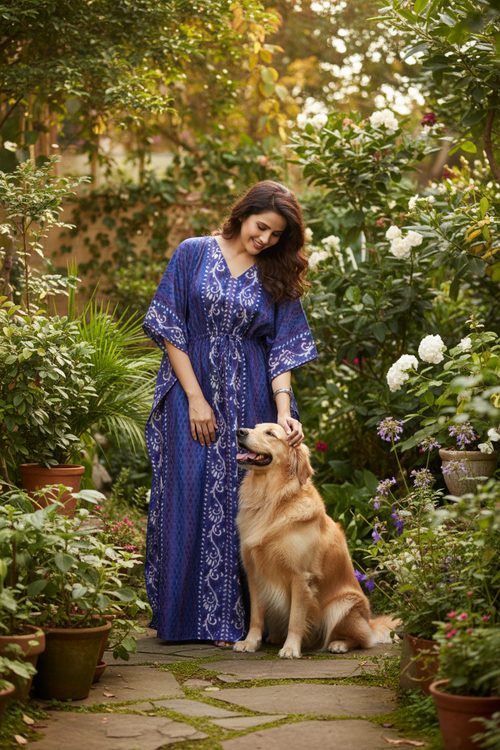 Blue Leaf Design, Hand Dyed Batik, 100% Cotton Kaftan - K142
