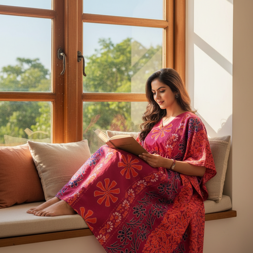 Pink Palm, Hand Dyed Batik, 100% Cotton Kaftan - K181