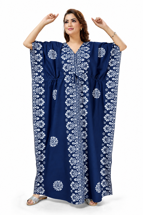 Navy Blue Paisley Design Batik, Hand Dyed Batik, 100% Cotton Kaftan - K211