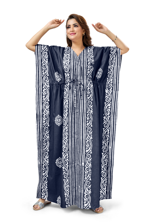Navy Blue Lines Design Batik, Hand Dyed Batik, 100% Cotton Kaftan - K221