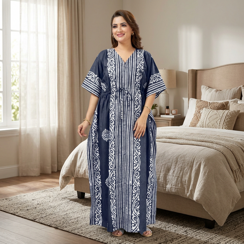 Navy Blue Lines Design Batik, Hand Dyed Batik, 100% Cotton Kaftan - K221