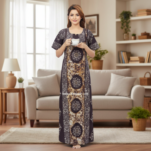 Brown Circles, Hand Dyed Batik, 100% Cotton Night Gown - NG026